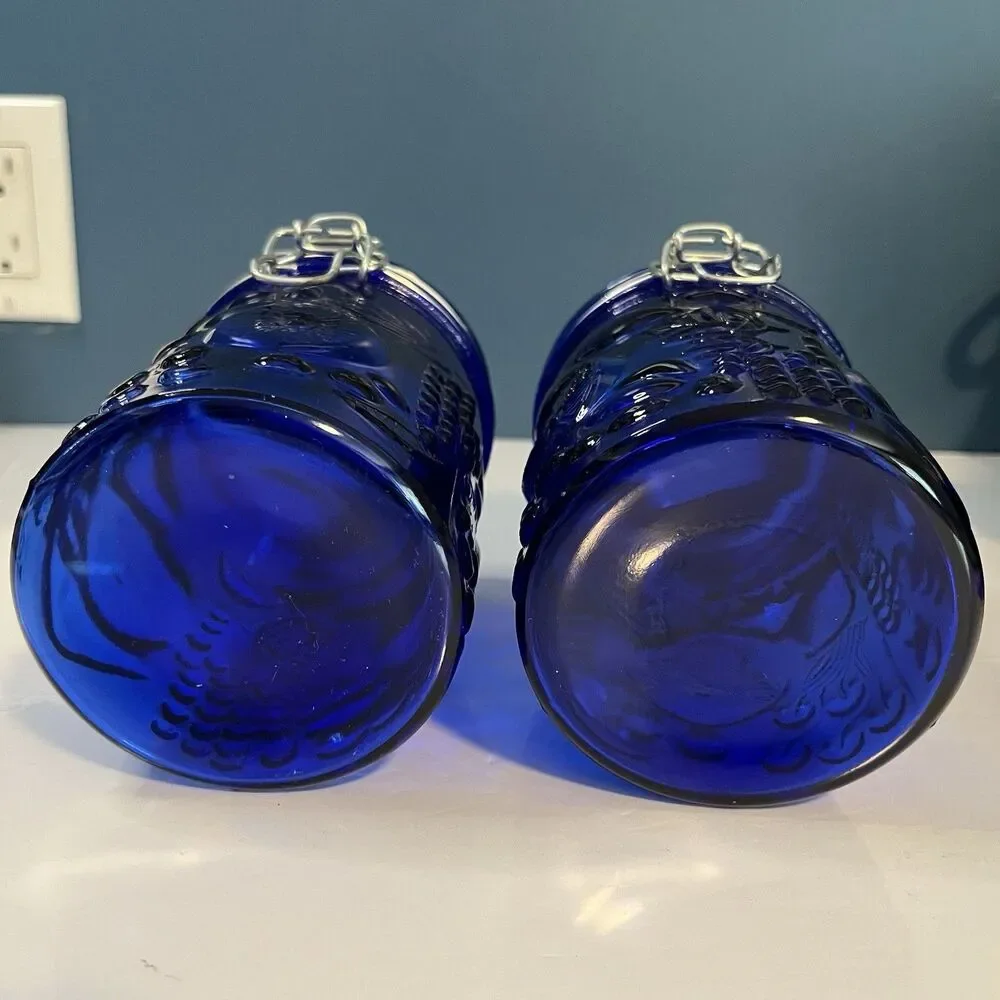 Vtg Cobalt Blue Glass Canister Jar Set (2) Hinged Wire Bail 6” Fruit Design READ